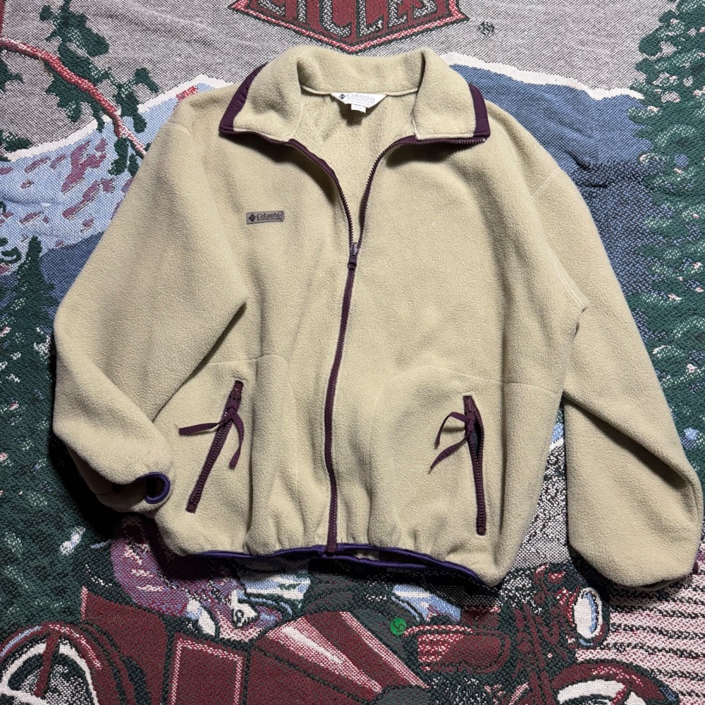 Vintage Columbia Fleece Jacket woMens Large Tan Purple Full Zip Made in USA